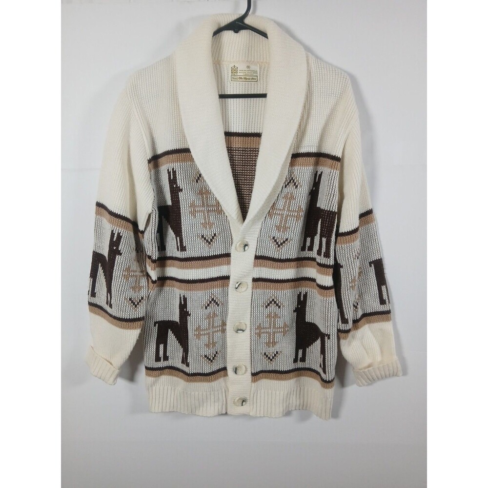 Vintage70s Kings Road Orlon Acrylic Aztec Llama Knit Cardigan Sweater M EUC Rare
